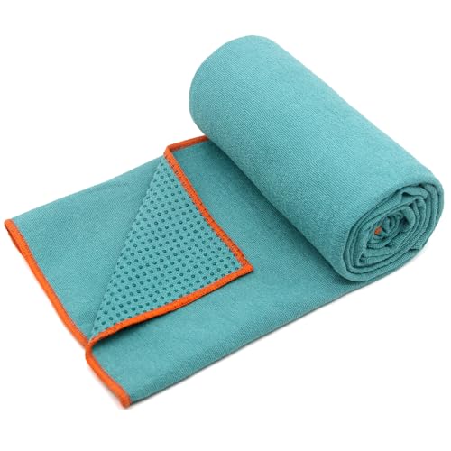 Eunzel Hot Yoga Towel - Microfiber Non Slip Yoga Mat Towel with Grip Dot Sweat Absorbent Towel for Hot Yoga, Pilates and Fitness 72" x 24", Dark Cyan/Orange - color: Dark Cyan/ Orange