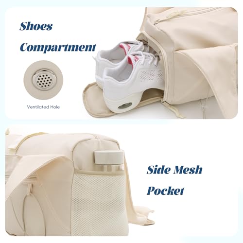 Oweisong Gym Bag for Women Sports Duffel Bag Lightweight Yoga Tote Travel Carry On Handbag with Shoes Compartment - color: Begie