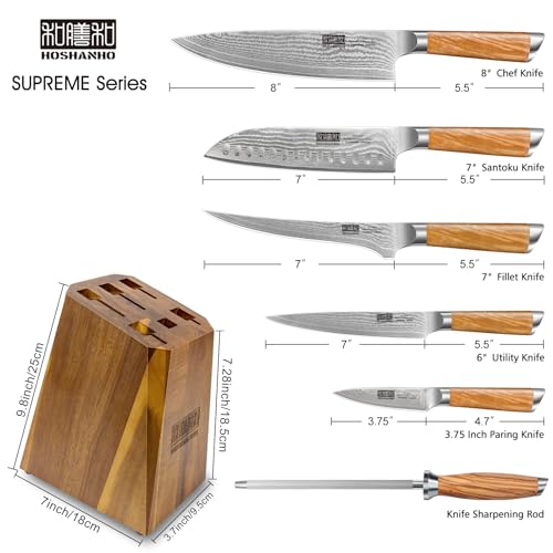 HOSHANHO Damascus Knife Block Set 7PCS, Sharp Kitchen Knives with Sharpener | Professional Chef Knife Set | Japanese Super Steel | 15° Edge | 62 HRC | Ergonomic Olive Wood Handle | Ideal Cooking Gift - style: 7 Pieces Knife Set