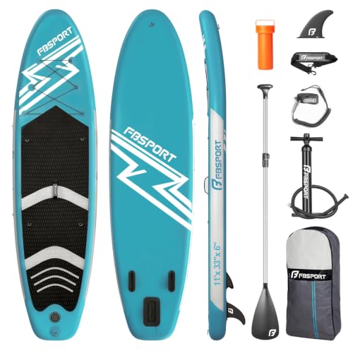 FBSPORT 11' Premium Stand Up Paddle Board, Yoga Board with SUP Accessories & Carry Bag | Wide Stance, Surf Control, Non-Slip Deck, Leash, Paddle and Pump for Youth & Adult - color: Lake Blue