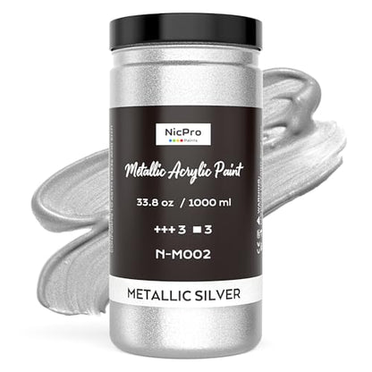 Nicpro Metallic Silver Acrylic Paint, 33.8oz/1000ml Large Silver Leaf Paint | Non Toxic, Non Fading Silver Art Craft Paints for Multi-surface, Wood, Metal, Canvas, Clay, Fabric, Furniture, Handcrafts - color: Silver, size: 33.8 Fl Oz (Pack of 1)