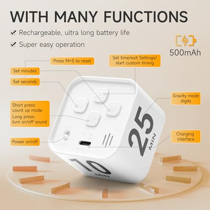 Rotating Productivity Timer, 5, 25, 10, 50 Minute Presets, Desk Cube | Gravity sensor with mute function; ADHD-friendly for work, study, kitchen and back to school - color: White