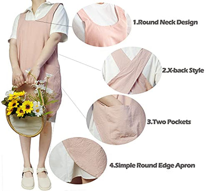 Cotton Cross Back Aprons Solid Color Cooking Kitchen Garden Smock for Women Girls with Pockets - color: Pink