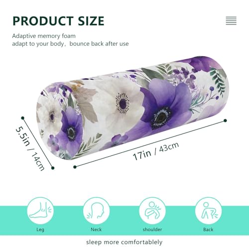 Purple White Lotus Flowers and Berries Neck Roll Pillow Bolster Round Health Memory Foam Long Cervical Cylinder Pillows with Removable Washable Cover for Body Bed Legs Back Yoga - color: Blue and White Silver Lotus Flowers and Berries