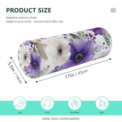 Purple White Lotus Flowers and Berries Neck Roll Pillow Bolster Round Health Memory Foam Long Cervical Cylinder Pillows with Removable Washable Cover for Body Bed Legs Back Yoga - color: Blue and White Silver Lotus Flowers and Berries