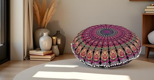 CRAFT KALA 32" Large Round Bohemian Floor Pillow Cover Boho Pouf Cover Mandala Meditation Room Pillows Cover Adults Seating Poufs Cushion Cover for Kids Reading Playroom Pink Yellow Mirchi - color: Pink Yellow Mirchi
