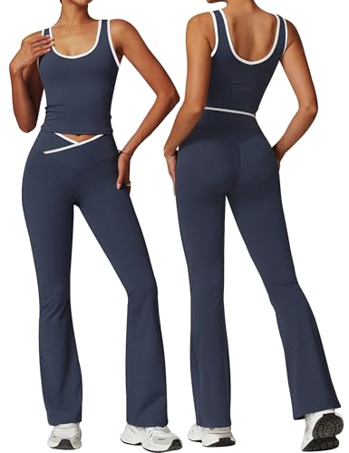 Womens Workout Sets 2 Piece Flare Leggings Contrast Top - color: Navy Blue, size: Large