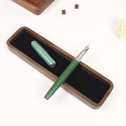 Solid Walnut Wooden Fountain Pen Tray Office Desk Display Holder Organizer | Side Pen Rest Notch, Anti-Roll Design, Soft Velvet Lining, Scratch Protection, Quick-Rest Slot