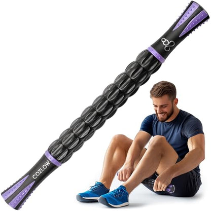 Muscle Roller Stick - Black Purple - Hand Held Body Massager with 9 Rollers & Non-Slip Handles - Deep Tissue Massage & Maximum Muscle Recovery - Leg, Back, Arm, Thigh, Butt Sculpting Tool - by Cozlow - color: Black Purple
