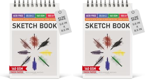 BEECHMORE BOOKS 5.6"x8.5" Spiral Sketchbook – 140 GSM Acid-Free Paper, 100 Perforated Pages, A5 Art Sketch Pad for Drawing & Sketching, Artists, Adults (Pack of 2) - size: A5 (5.6" x 8.5") (Pack of 2)