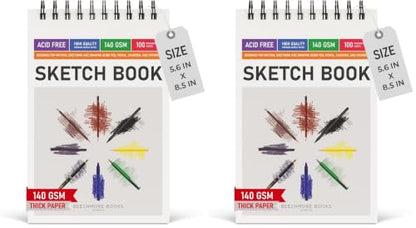 BEECHMORE BOOKS 5.6"x8.5" Spiral Sketchbook – 140 GSM Acid-Free Paper, 100 Perforated Pages, A5 Art Sketch Pad for Drawing & Sketching, Artists, Adults (Pack of 2) - size: A5 (5.6" x 8.5") (Pack of 2)