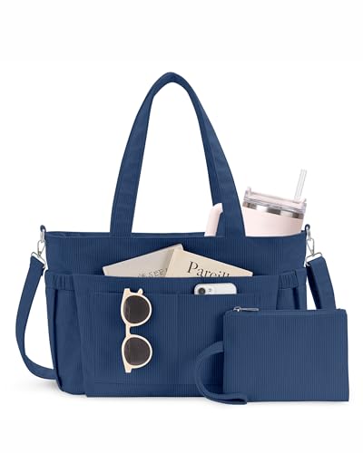 NPBAG Corduroy Tote Bag for Women with 9 Pockets & 40oz Cup Holder, Laptop Work Purse for Teacher Nurse, Travel College Bag - color: Blue