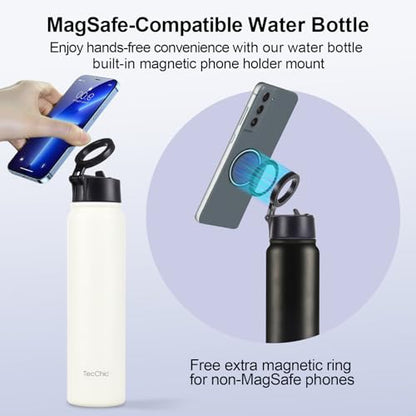 Insulated Water Bottle with Magnetic Phone Holder Compatible with MagSafe and iPhone,Double-Sided Magnet,Hot 12H Cold 24H,Stainless Steel Water Bottle Phone Mount for Sports Travel,24oz (Pink) - color: Pink