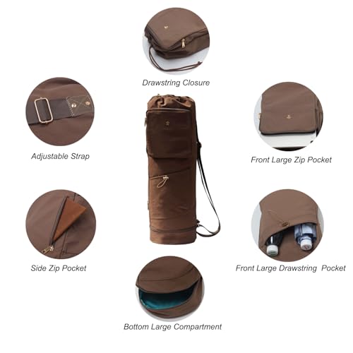 ESVAN Yoga Mat Bag with Multi Pockets Drawstring Yoga Mat Carrier Pilates Exercise Multi-Functional Storage Bag - color: Nylon Coffee