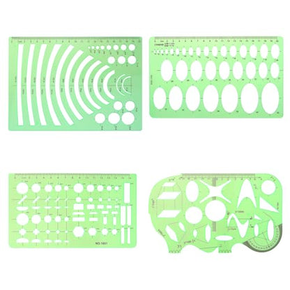 9 Piece Geometric Drawing Template Measuring Ruler Geometric Measuring Tools Transparent Green Plastic Ruler for Studying, Designing and Building