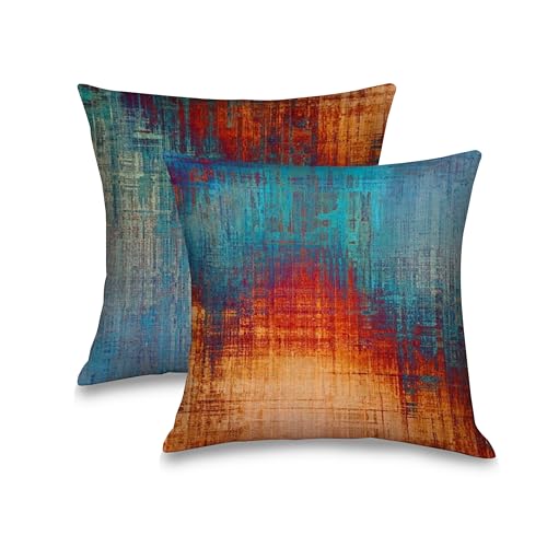 Blue and Orange Vintage Abstract Pillow Covers - Vintage Abstract Oil Painting Pillow Covers Themed Decorative for Couch Sofa Bed Living Room Bedroom 18x18 inches Set of 2, Throw Pillow Covers - color: 9-blue and Orange31