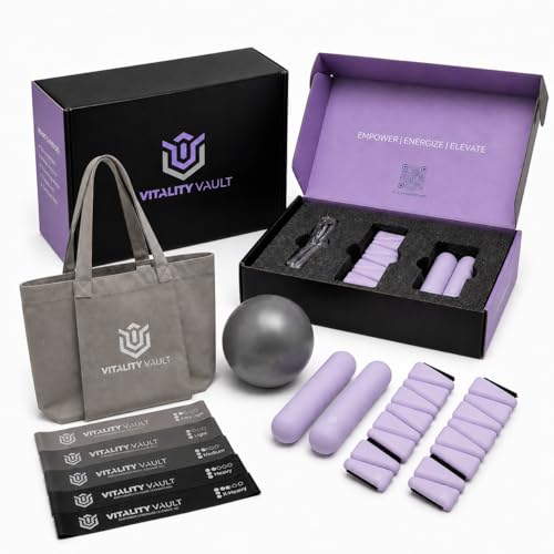 Pilates Pro Power Pack - Equipment Set for Home Workout - All-in-One Fitness Kit with Ankle Weights, Dumbbells, Resistance Bands, Pilates Ball & Canvas Tote - Full Body Workout System, Portable Home Gym Equipment for Women & Men - color: Lavender
