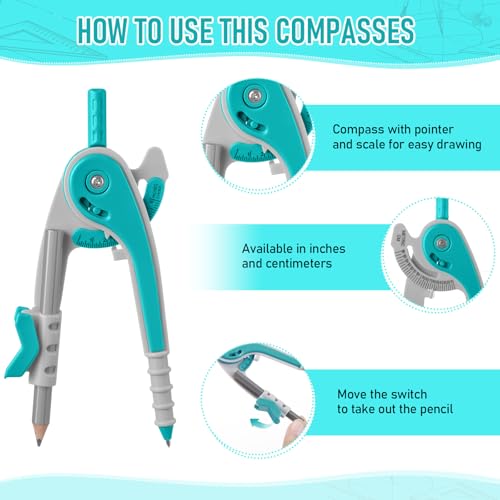 EBOOT Student Geometry Math Set, Drawing Compass and 6 Inch Clear Swing Arm Protractors 180 Degree Math Protractor(Turquoise) - color: Turquoise