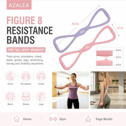 AZALEA Figure 8 Resistance Bands, Silicone Stretch Bands with Handles | 2 Pack Figure 8 Resistance Bands, Non-Slip Grip, 15LB 25LB Resistance for Arms, Back, Legs, Glutes, Yoga Pilates Home Workout