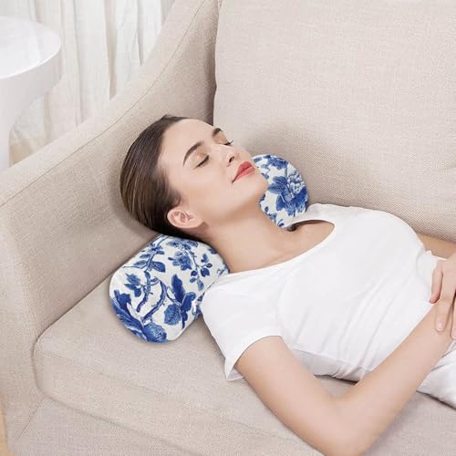Bolster Pillow Neck Pillow Round Soft Health Memory Foam Pillows Long Cylindrical Body Pillow with Removable Cover Cute Back Yoga Blue and White Flowers Leaves 17" x 5.5" - color: Blue and White Flowers Leaves