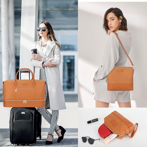 ITIEZY Weekender Bag for Women 21.5" Travel Duffel Large Carry On Bag 3PCS | Nylon Duffel Bag with Waterproof Shoe Compartment, Crossbody Bag and Toiletry Bag, Travel Weekend Hospital Overnight Gym Bag - color: 7-Brown