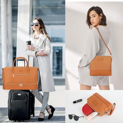 ITIEZY Weekender Bag for Women 21.5" Travel Duffel Large Carry On Bag 3PCS | Nylon Duffel Bag with Waterproof Shoe Compartment, Crossbody Bag and Toiletry Bag, Travel Weekend Hospital Overnight Gym Bag - color: 7-Brown