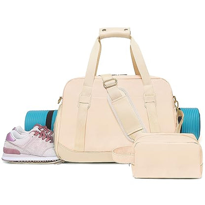 Sports Gym Bag for Women, Travel Duffle Bag with Shoe Compartment & Wet Pocket, Fitness Yoga Bag - color: Beige