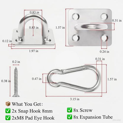 Hammock Hooks Heavy Duty 2 Pack, 1000Lbs Capacity Hammock Hanging Kit, M8 304 Stainless Steel Pad Eye Hanging Hooks for Porch Swing, Chair, Plants, Kids/Pet, Wall/Ceiling Mount, Indoor & Outdoor