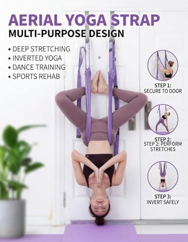 Door Aerial Hammock Swing - No Drilling Over Door Yoga Stretch Straps for Stretching, Inversion Pilates Kit, Anti-Gravity Home Workout - Pink/Purple