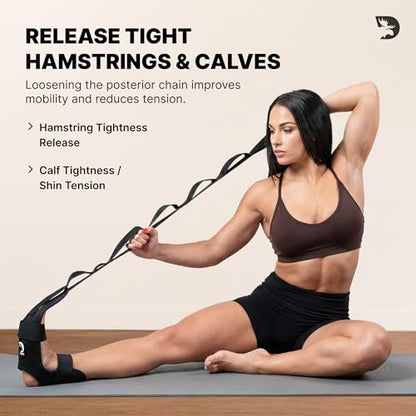 DMoose Fitness Foot & Calf Stretcher with Adjustable Padded Stretching Strap for Plantar Fasciitis, Hamstring, Heel Spurs and Achilles Tendonitis Relief - Yoga Leg Stretch Strap for Flexibility - color: Black