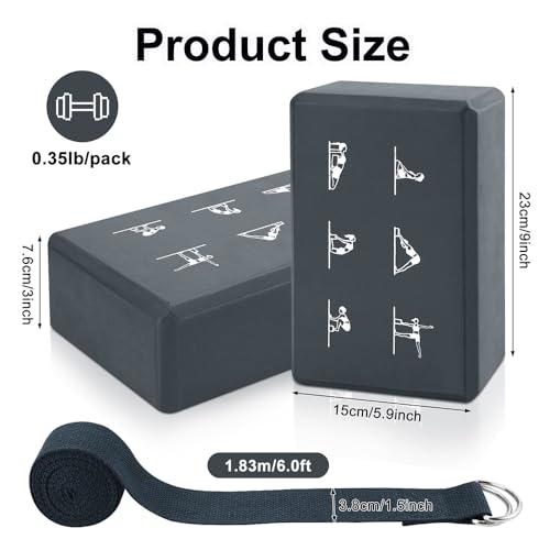 2 Yoga Block and 2 Yoga Strap Set,Non-slip EVA Foam Blocks, High Density Yoga Bricks with 6ft Strap, Supportive Latex-Free Yoga Block Accessories for Pilates - color: Gray