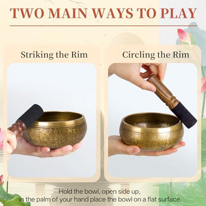 AKLOT HandMade Meditation Singing Bowl: Tibetan Sound Bowl Set with Pure Tone, Sound Bath Bowl with Cushion, Mallet, Carry Bag, Spiritual Gift for Chakra Clearing, Yoga, Prayer, Relaxation (5 Inch) - color: 5 inch Buddha