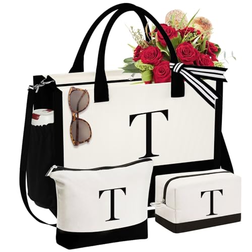 YOOLIFE Gifts for Women - Initial Canvas Tote Bag & Makeup Bag, Birthday Gifts for Women Mom Sister Friends - style: T