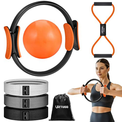 UZTUGG Pilates Equipment Kit at Home for Women, 4-in-1 Workout Essential Set with Pilates Ring, Fabric Resistance Bands, Figure 8 Resistance Band, Pilates Ball–Full Body Toning, Yoga & Stretching - color: orange pilates kit