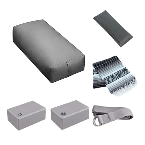 6 Piece Restorative Yoga Kit | Includes 1 Yoga Bolster (24"x12"x6"), 2 Blocks (4"x6"x 9"), 1 6ft D-Ring Strap, 1 Mexican Blanket, 1 Unscented Eye Pillow - color: Cool Gray