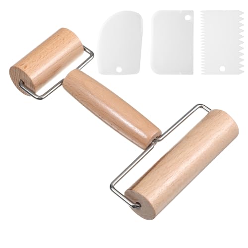 JJUNW 1 Pc Small Rolling Pin, Wooden Pizza Dough Roller Rolling Pin Clay Texture Roller, Baking Double-Ended Rollings Pins With 3 Scrapers For Cookies, Pie, Bread Dough Kitchen Tool