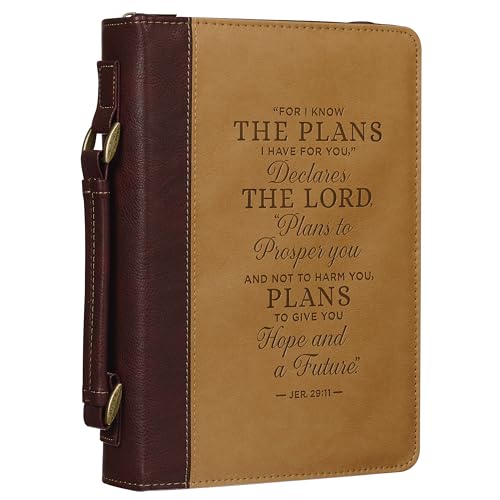 Christian Art Gifts Classic Vegan Leather Bible Cover for Men & Women: Hope & Future Encouraging Scripture Verse, Debossed Design, Sturdy Easy Carry Case, Pockets, Pen Loops Storage, Brown/Tan, Medium - size: Medium