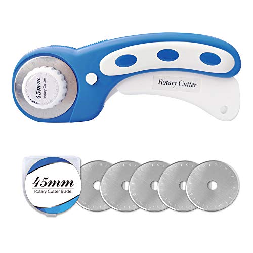 45mm Rotary Cutter with 5pcs Extra Rotary Blades, Ergonomic Rolling Cutter with Safety Lock for Fabric, Sewing, Quilting, Cloth, Paper, Leather, Crafting, Fabric Rotary Cutter(Navy Blue) - color: Blue, size: 45mm