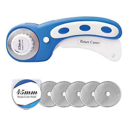 45mm Rotary Cutter with 5pcs Extra Rotary Blades, Ergonomic Rolling Cutter with Safety Lock for Fabric, Sewing, Quilting, Cloth, Paper, Leather, Crafting, Fabric Rotary Cutter(Navy Blue) - color: Blue, size: 45mm