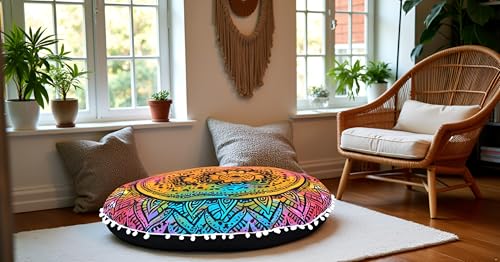 CRAFT KALA Round Mandala Boho Pillow Cover Meditation India Room Seating Poufs Cover for Living Room Yoga Room Home Décor Bedroom Balcony Garden Decoration Cotton Floor Cushion Cover 22", Multi Flower - color: Multi Flower, size: 22"
