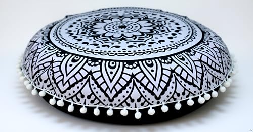 CRAFT KALA 22" Round Mandala Boho Pillow Cover Meditation Room Seating Poufs Cover for Living Room Yoga Room Home Bedroom Balcony Garden Party Decoration Cotton Floor Cushion Cover Black White Flower - color: Black and White Flower, size: 22"