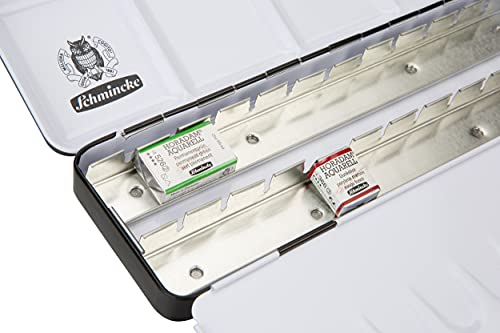 Schmincke - HORADAM AQUARELL Empty box 74 924 097, black metal box with mixing palette for individual filling with 24 x 1/2 or 12 x 1/1 cells - size: 8.8" x 2.8" x 0.9"
