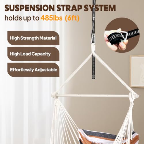 Chihee Hammock Chair Foot Rest 2 Cushions Max 485 lbs Metal Spreader Bar | Robust Hanging Chair Soft Cotton Blended Swing Collapsible Easy Storage Strong Strap Iron Carabiner Pocket Indoor Outdoor - color: Brown Stripes