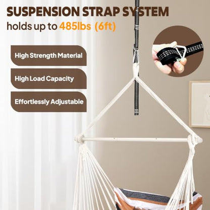 Chihee Hammock Chair Foot Rest 2 Cushions Max 485 lbs Metal Spreader Bar | Robust Hanging Chair Soft Cotton Blended Swing Collapsible Easy Storage Strong Strap Iron Carabiner Pocket Indoor Outdoor - color: Brown Stripes