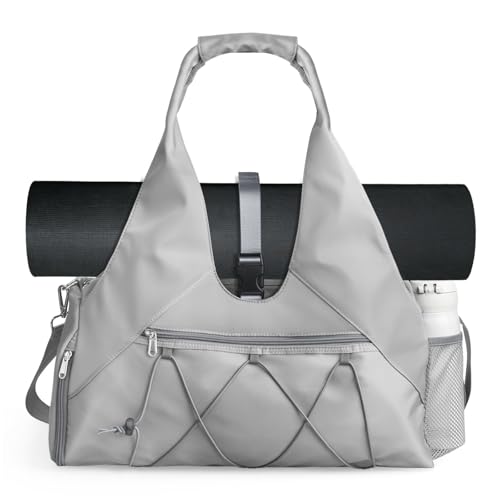 Forestfish Gym Bag For Women With Yoga Mat Holder, Grey | Shoe Compartment, Wet Dry Storage Pocket, Removable Shoulder Strap, Lightweight & Water Resistant - color: Grey