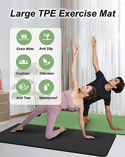 YR Large Exercise Mat 76"x35" 10mm Thick TPE Yoga Mat Non Slip | Workout mats, home gym, anti-tear, easy-to-clean, odor-less, excellent cushion, with yoga bag - color: Green