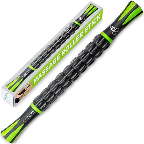 Muscle Roller Stick - Black Green - Hand Held Body Massager with 9 Rollers & Non-Slip Handles - Deep Tissue Massage & Maximum Muscle Recovery - Leg, Back, Arm, Thigh, Butt Sculpting Tool - by Cozlow - color: Black, Green