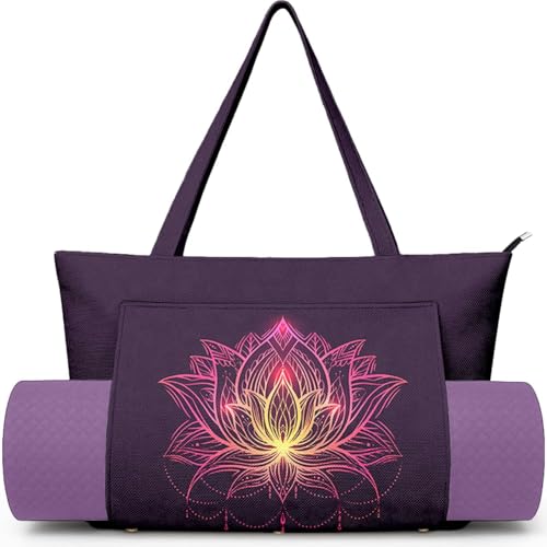 Yoga Bag for Women, Large Canvas Yoga Mat Tote Bag with Yoga Mat Carrier | Large Mat Pocket Fitness Tote for Pilates, Gym, Travel, Office & Beach - color: Purple Flower