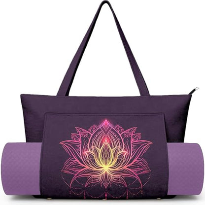 Yoga Bag for Women, Large Canvas Yoga Mat Tote Bag with Yoga Mat Carrier | Large Mat Pocket Fitness Tote for Pilates, Gym, Travel, Office & Beach - color: Purple Flower