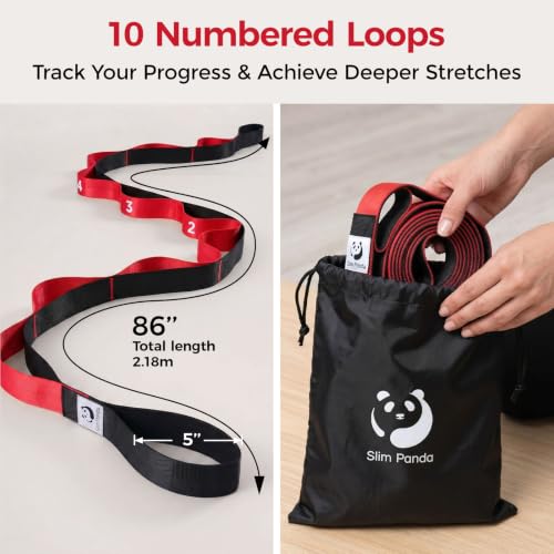 Slim Panda Stretching Strap with Loops - Non-Elastic Heavy Duty Nylon Yoga & PT - Oversized Multi-Loop Home Rehab - Hamstring Shoulder Pilates Flexibility - color: Red
